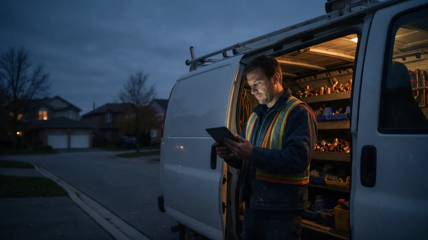 A technician in a hi-vis vest checks a tablet beside his open service van on a suburban street at dusk.